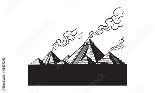 Vintage black and white illustration of mayan pyramids with smoke in graphic design
