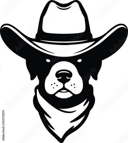 Black dog head in western cowboy hat vector Solid silhouette on white background