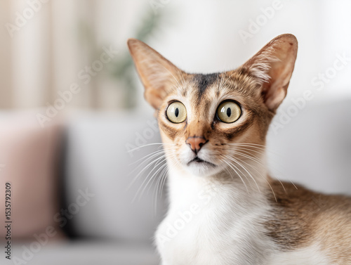 Alert cat sitting indoors on soft background, neutral colors