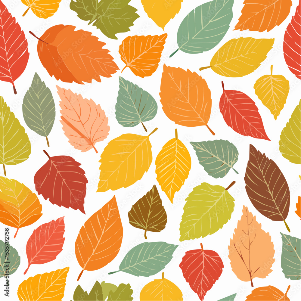 Obraz premium Colorful Autumn Leaves Seamless Pattern with Orange, Yellow, Green and Red on White Background