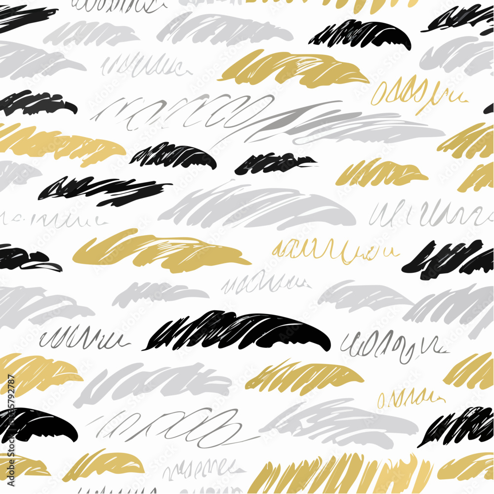 Naklejka premium Hand-Drawn Brush Strokes Pattern with Black, Gold, and Gray on White Background