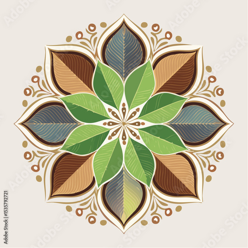 Botanical Mandala Art with Leaves and Ornamental Floral Patterns on Beige Background