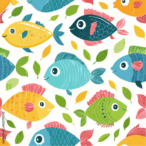 Cartoon fish seamless pattern background with colorful sea animals and leaves, fun children design