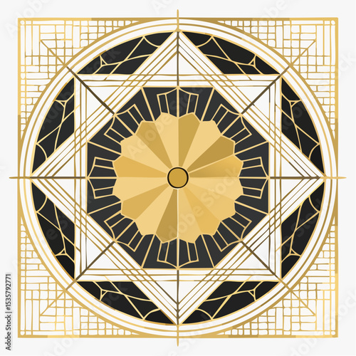 Art Deco Geometric Ornament with Gold Outlines and Black Accents