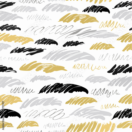 Hand-Drawn Brush Strokes Pattern with Black, Gold, and Gray on White Background