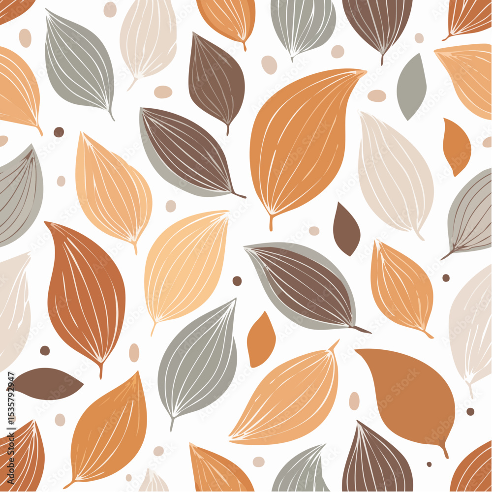 Obraz premium Autumn Leaves Seamless Pattern with Brown, Orange, Gray, and Beige on White Background