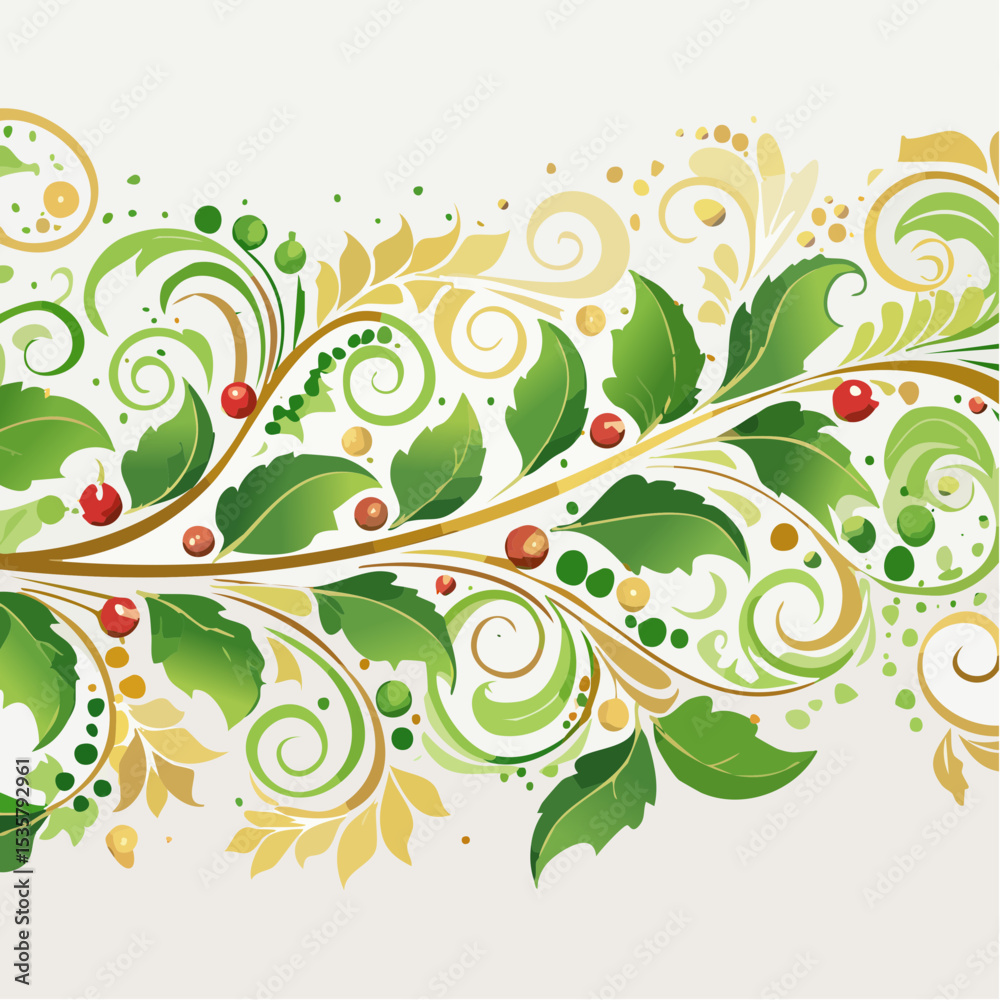 Festive Holiday Floral Border with Green Leaves, Red Berries and Golden Ornaments