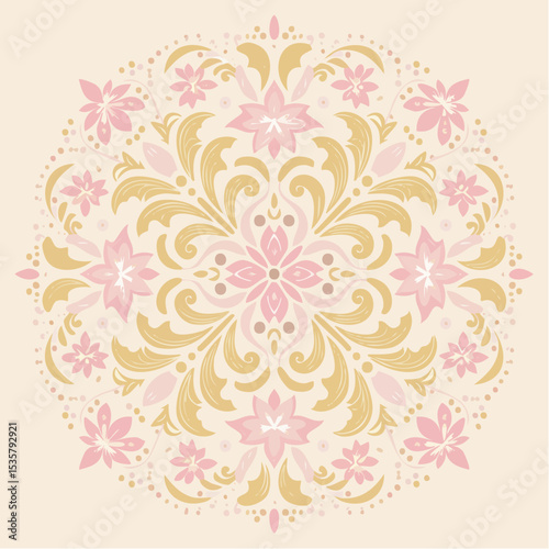 Floral mandala pattern in pink and gold creating a delicate ornament with a symmetrical and decorative design element for backgrounds