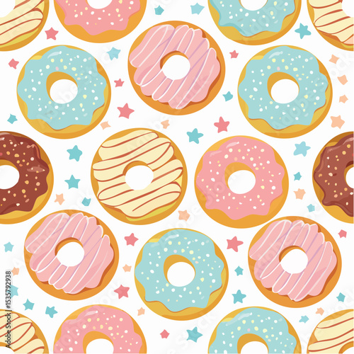 Assorted Doughnuts Seamless Pattern with Star Sprinkles on White Background