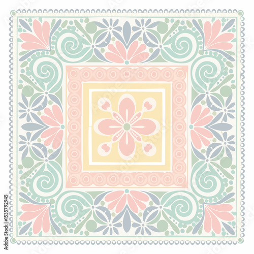 Square tile design with floral and spiral elements in pastel colors, vintage ornate decorative symmetrical design with repeating pattern