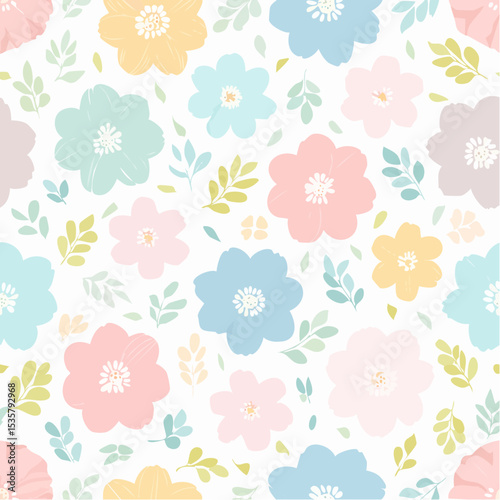 Floral seamless pattern pastel color flowers leaves background vector design romantic spring delicate wallpaper scrapbook surface design