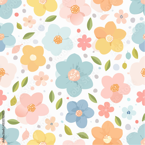 Floral Pattern with Pastel Flowers, Leaves, and Polka Dots on White Background