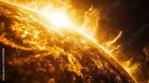 Solar prominence, solar flare and magnetic storms. Plasma flash on surface of a star. The sun on blue space background