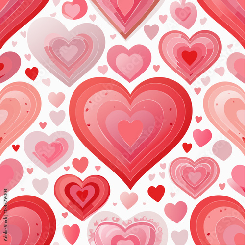 Romantic heart pattern featuring nested, layered designs in shades of pink and red, creating a festive background.