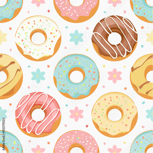 Whimsical Donut Pattern with Pastel Flowers and Confetti on White Background