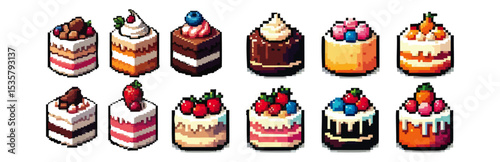 Pixel Art Collection of Gourmand in Retro Game Style – Whole & Sliced Variants, Centered on White Background, No Shadows