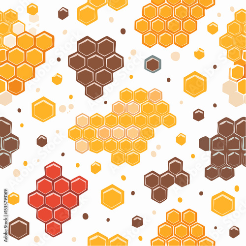 Honeycombs Seamless Pattern in Yellow, Brown, and Red Tones on White Background
