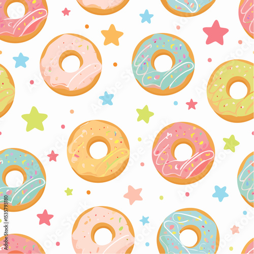Cartoon Donuts Seamless Pattern with colorful Icing, Sprinkles and Stars on a White Background
