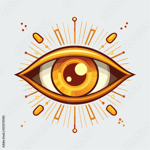 Stylized golden eye with radiating light beams, mystical vision concept for graphic design or branding