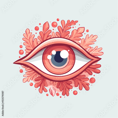 Stylized Eye Surrounded by Floral and Leaf Elements in a Decorative Design