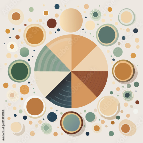 Geometric Composition with Segmented Wheel and Decorative Circles in Earth Tones