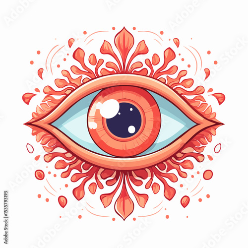 Stylized eye illustration with floral elements and symmetrical decorative ornament in peach and blue colors vector design