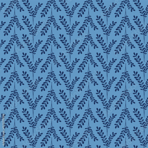 V Shaped Navy Blue Leaf Branches in Vertical Stripes on a Royal Blue Background creating a seamless pattern print