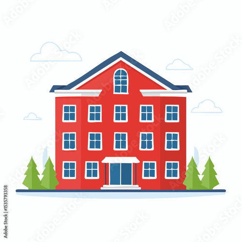 Cartoon Red Building Illustration with Trees and Clouds, Flat Style