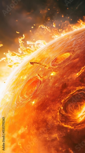 Solar prominence, solar flare and magnetic storms close-up. Plasma flash on star surface. The sun abstract background
