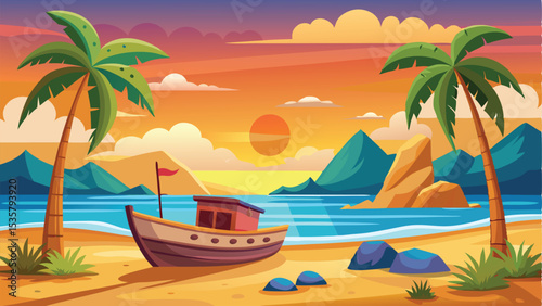 Cartoon Boat on Beach with Palm Trees Under Sunset, Vector Illustration