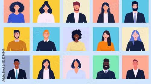 Diverse group of illustrated professionals in a colorful grid, symbolizing teamwork and collaboration.