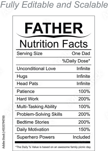Father Nutrition Facts Label Vector – Funny Dad Infographic Design for Father’s Day Gift