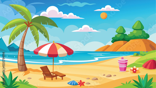 Cartoon Beach Scene Featuring Palm Tree, Umbrella, Chair, and Drink on Sunny Day