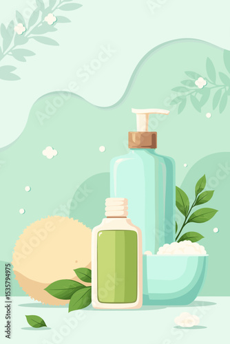 Cosmetic products arrangement, bottles and sponge, with natural elements, in a minimalist style