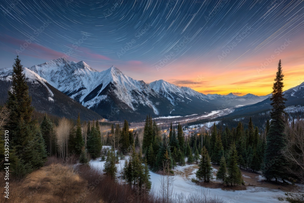 Obraz premium Mountain star trails scenic view on white background
