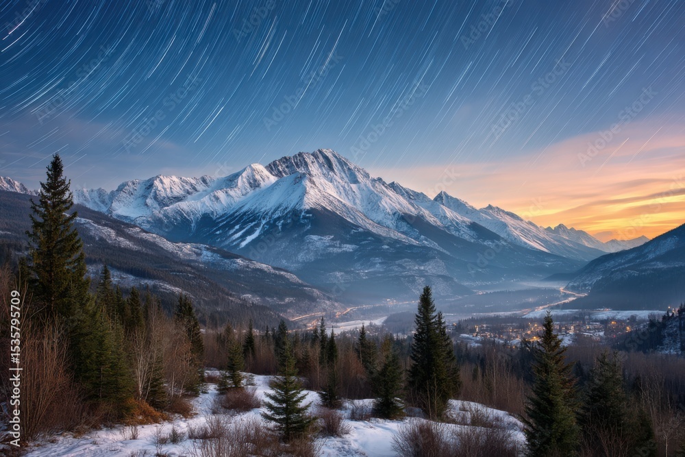 Obraz premium Starry mountain range winter scene on white background