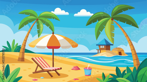 Cartoon Tropical Beach Scene with Palm Trees, Deckchair, and Drink Illustration