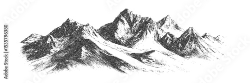 Pointillism mountain landscape with sharp ridges and snowy slopes. Monochrome stipple texture in vintage engraving style. Vector illustration