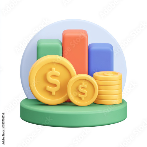 Financial growth and investment concept represented by colorful bar chart, coins with dollar symbols, and circular background