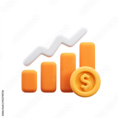 Increasing financial growth represented by bar chart with rising arrow and dollar coin, symbolizing economic progress