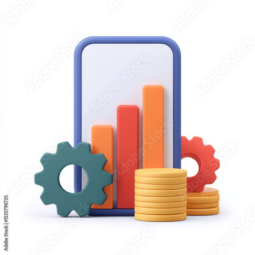 Smartphone with bar chart screen, surrounded by gears and stacks of coins, representing financial growth and digital investment