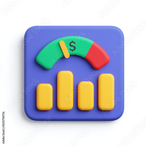 Data visualization icon with bar chart and gauge meter indicating financial performance or budget status, colorful and modern