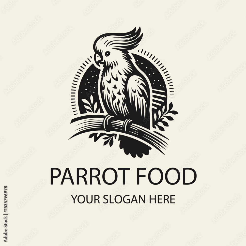 Obraz premium Black and white flat vector logo of a cockatoo parrot for bird food branding. Minimal, clean, and tropical design for packaging, label, or pet product identity.