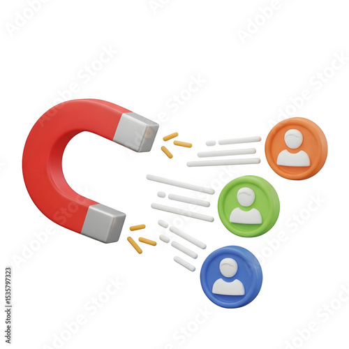 Powerful Magnet Attracting Customers Lead Generation Marketing Strategy 3D Render, transparent background
