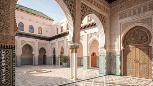 Sunlit courtyard of the ben youssef madrasa in marrakech morocco exquisite islamic architecture
