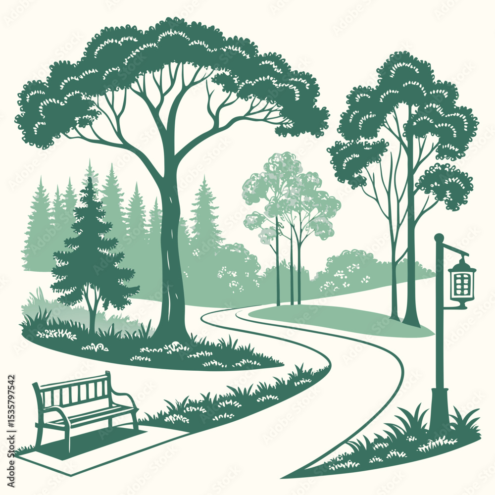 Obraz premium Set of flat forest and park elements, combined in landscapes views