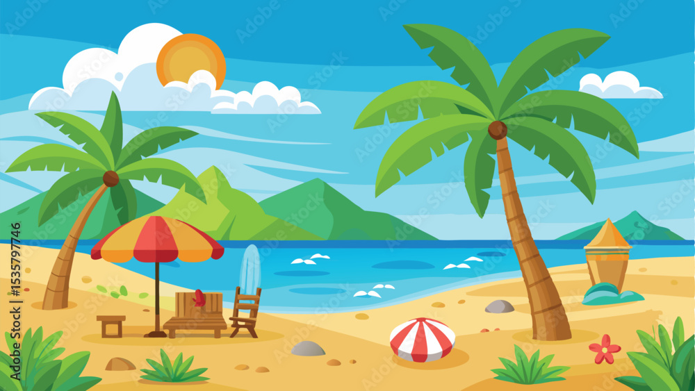 Obraz premium Cartoon Tropical Beach Scene with Palm Trees, Lounge Chair, Surfboard, and Beach Umbrella