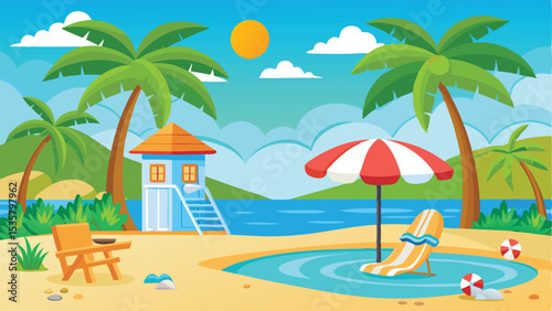 Tropical Beach Scene with Palm Trees, Red and White Umbrella, Lifeguard Station, and Beach Chair