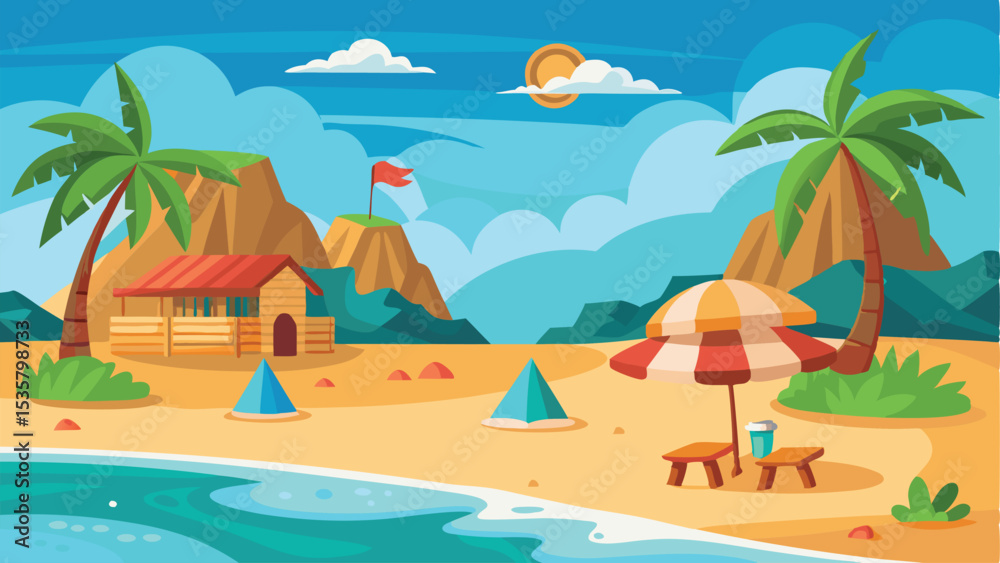 Obraz premium Cartoon Beach Scene Palm Trees, Hut, Umbrella, Blue Sea and Sunny Skies