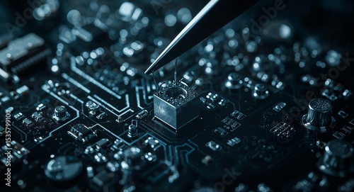 Close up of tweezers holding a component on a dark circuit board with visible traces and elements